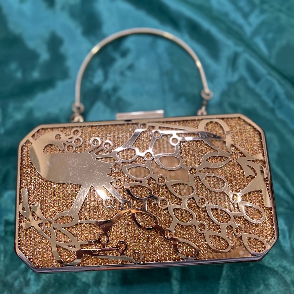 Gold shiny metal artwork evening clutch purse bag handle custom nature art